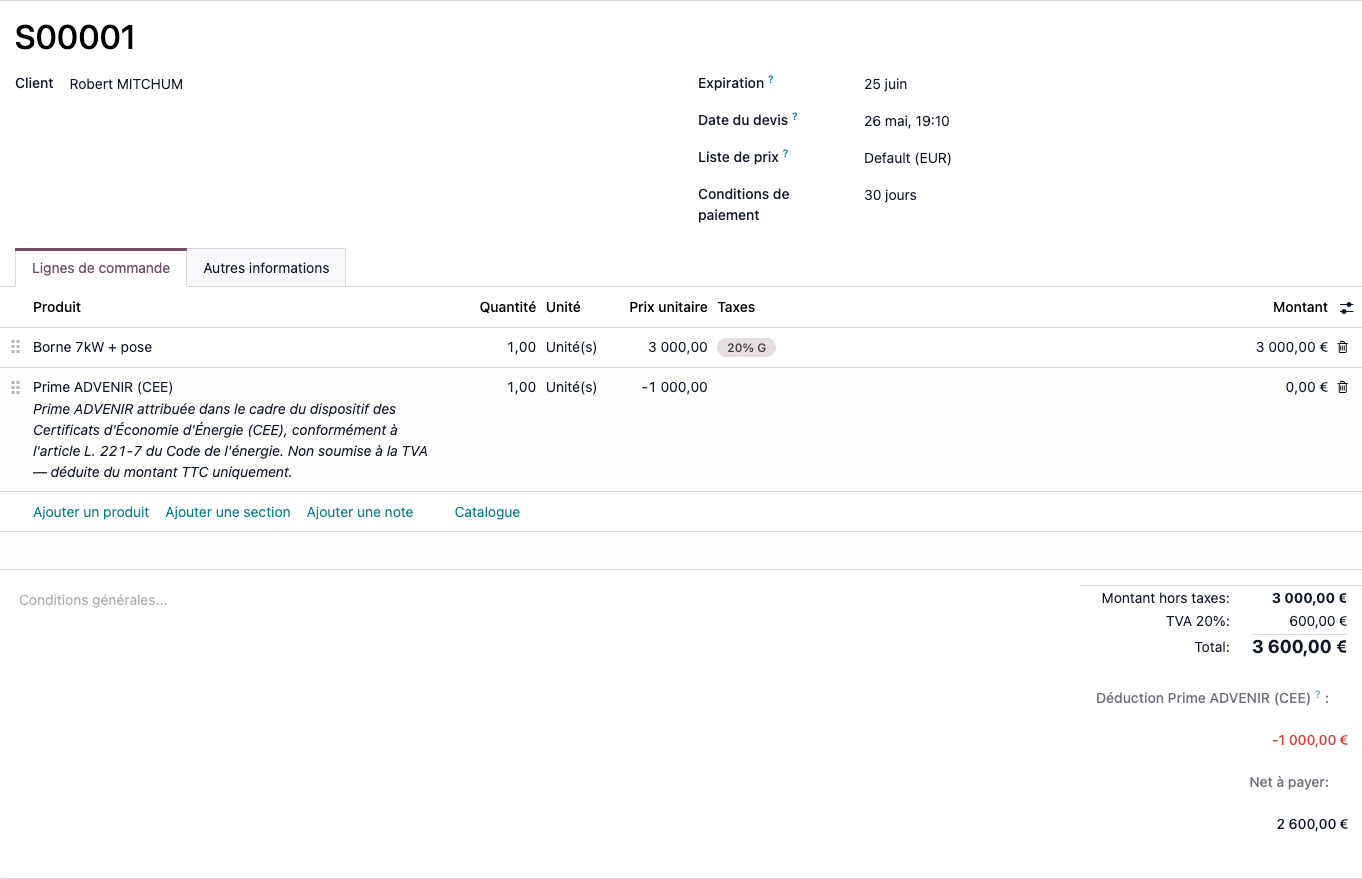 Capture d'écran d'un devis Odoo avec déduction prime ADVENIR